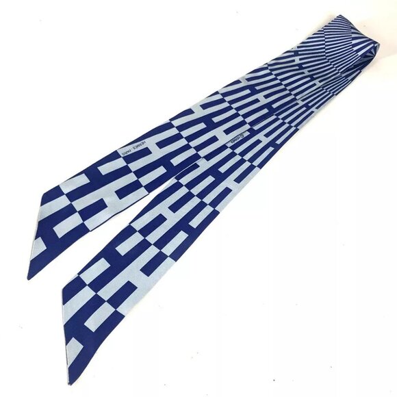HERMES Twilly Twilly H Pattern Geometric Ribbon Scarf Scarf silk blue - Picture 1 of 9